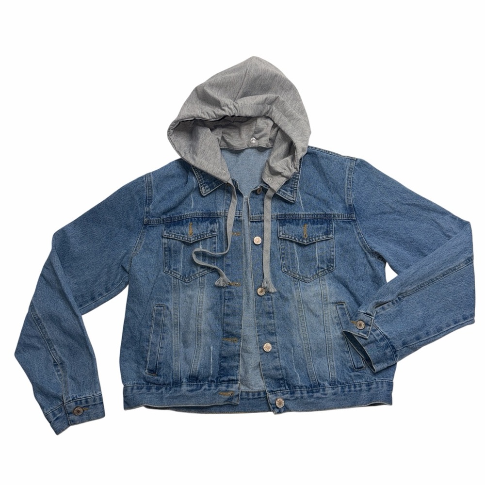 SHEIN Women's Hooded Denim Jacket Size Large Blue Jean Gray Hoodie NWT